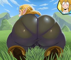 1boy 1girl ass ass_focus blonde_hair blue_sky blush boots cameltoe cloud day eric_lowery grass huge_ass link nintendo outdoors pantylines pointy_ears princess_zelda sky sweat the_legend_of_zelda the_legend_of_zelda:_breath_of_the_wild thick_thighs thighs wide_hips rating:Questionable score:122 user:JustHere4Tits