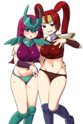  2girls arm_guards armor blue_eyes blush breasts greaves half-closed_eyes hand_on_another&#039;s_arm hand_on_another&#039;s_hip highres large_breasts long_hair looking_at_viewer maruput multiple_girls navel open_mouth pauldrons pink_hair red_hair saga saga_frontier shoulder_armor sweat twintails 