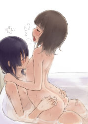  2girls arched_back bandaid bath bathtub black_hair blunt_bangs breast_sucking brown_hair chiwino closed_eyes flat_chest from_side girl_on_top hair_over_eyes heart loli multiple_girls nipples nude open_mouth original partially_submerged short_hair simple_background sitting spoken_heart tits_suck tongue white_background yuri  rating:Explicit score:400 user:danbooru