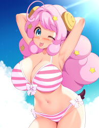  1girl animal_ears armpits arms_behind_head arms_up bikini blue_eyes blush bow bow_bikini breasts chisato_(missing_park) cleavage closed_mouth cloud collarbone cowboy_shot curled_horns curly_hair curvy day dot_nose embarrassed eyebrows eyelashes female_focus hair_ornament horns huge_breasts leaning_forward long_hair looking_at_viewer moa_(show_by_rock!!) navel one_eye_closed pink_bikini pink_hair sheep_ears sheep_girl sheep_horns sheep_tail show_by_rock!! sky solo standing star_(symbol) star_hair_ornament striped_bikini striped_clothes swimsuit tail thighs tongue tongue_out two-tone_bikini white_bikini wide_hips 