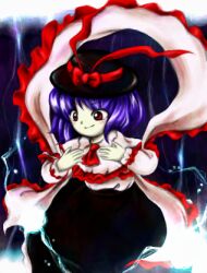  1girl ascot black_hat black_skirt blue_hair bow closed_mouth electricity frilled_shawl frills hagoromo hat hat_bow long_sleeves lowres medinki nagae_iku official_style red_ascot red_bow red_eyes shawl shirt short_hair skirt smile solo touhou white_shawl white_shirt zun_(style) 