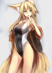  1girl animal_ears blonde_hair blush breasts competition_swimsuit food fox_ears fox_tail green_eyes highleg highleg_swimsuit highres kokonoe_tsubaki large_breasts long_hair looking_at_viewer multiple_tails one-piece_swimsuit open_mouth original popsicle simple_background sketch solo swimsuit tail yoshizawa_tsubaki  rating:Sensitive score:39 user:danbooru
