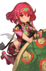  1boy 1girl armor backless_outfit black_gloves bob_cut bowser breasts chest_jewel core_crystal_(xenoblade) daible drop_earrings earrings fingerless_gloves gloves head_out_of_frame highres impossible_clothes jewelry large_breasts mario_(series) nintendo pantyhose pantyhose_under_shorts pyra_(xenoblade) red_eyes red_hair red_shorts short_hair short_shorts short_sleeves shorts shoulder_armor skindentation solo_focus spiked_shell super_smash_bros. swept_bangs thighhighs thighhighs_over_pantyhose tiara torn_clothes torn_pantyhose xenoblade_chronicles_(series) xenoblade_chronicles_2 