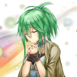 1girl breasts chinese_text choker collar crying duel_monster closed_eyes green_eyes green_hair hair_ornament hairband own_hands_clasped inshou jacket matching_hair/eyes medallion own_hands_together ponytail praying solo streaming_tears tears upper_body winda_priestess_of_gusto yinzhang yu-gi-oh! 