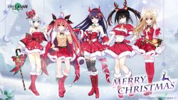  5girls animal_ears bare_shoulders black_hair blonde_hair blue_eyes breasts christmas cleavage closed_mouth date_a_live date_a_live:_spirit_pledge deer_ears dress fake_animal_ears gloves hand_on_own_hip heterochromia highres itsuka_kotori long_hair looking_at_viewer mayuri_(date_a_live) multiple_girls official_art open_hand open_mouth purple_eyes purple_hair red_dress red_eyes red_footwear red_gloves red_hair red_skirt santa_costume short_hair skirt smile snow snowing tobiichi_origami tokisaki_kurumi twintails white_hair yatogami_tooka yellow_eyes  rating:General score:26 user:danbooru