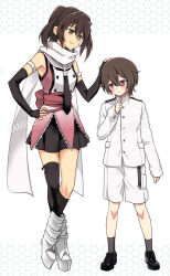  1boy 1girl admiral_(kancolle) asymmetrical_legwear black_gloves black_hair black_neckerchief black_skirt brown_eyes brown_hair buttons double-breasted elbow_gloves fingerless_gloves full_body gloves hand_on_another&#039;s_head jacket kantai_collection kneehighs little_boy_admiral_(kancolle) military_uniform neckerchief pleated_skirt r-king sailor_collar sample_watermark scarf school_uniform sendai_(kancolle) sendai_kai_ni_(kancolle) serafuku short_hair shorts simple_background single_kneehigh single_sock single_thighhigh skirt socks standing thighhighs two_side_up uneven_legwear uniform watermark white_background white_jacket white_sailor_collar white_scarf white_shorts 