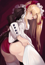  1girl :&lt; alternate_costume apron artist_name ass blonde_hair blush breasts dressing earrings enmaided ereshkigal_(fate) fate/grand_order fate_(series) from_below hair_ribbon highres hoop_earrings jewelry long_hair long_sleeves looking_at_viewer maid maid_apron maid_headdress medium_breasts mi_mi_ham panties puffy_long_sleeves puffy_sleeves red_background red_eyes red_panties ribbon solo thighhighs tohsaka_rin twintails twitter_handle two_side_up underwear white_thighhighs wrist_cuffs  rating:Sensitive score:42 user:danbooru