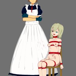  2girls absurdres bdsm blood breasts breasts_apart chair collar fallopian_tubes feet_out_of_frame gloves gradient_background green_eyes guro head_out_of_frame highres hysterectomy incision injury legs_together loli maid multiple_girls nude original ovaries puffy_short_sleeves puffy_sleeves red_collar restrained short_sleeves simple_background skewer small_areolae small_nipples smile standing wooden_chair yuri 