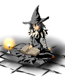  1girl black_hair blue_eyes blush book candle demon&#039;s_souls female_focus from_software gradient_background hat long_hair robe ryuusuke_harada sitting solo witch_hat yuria_the_witch 