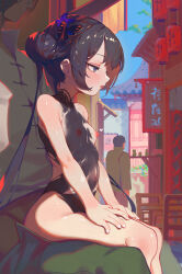  1girl 2boys architecture ass black_hair blue_archive bodypaint breasts butterfly_hair_ornament collarbone completely_nude day double_bun east_asian_architecture grey_eyes hair_bun hair_ornament heart highres kisaki_(blue_archive) loli long_hair multiple_boys nipples nude open_mouth outdoors painted_clothes public_indecency sitting small_breasts twintails villainchin 
