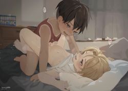  2boys absurdres anal bar_censor barefoot bed black_hair blonde_hair blush bottomless brown_eyes censored curtains dark_skin feet foreskin heart highres male_focus male_penetrated multiple_boys navel nipples omurice_(roza4957) open_mouth penis pillow sex short_hair shota spread_legs steam sweat tan tank_top tanline teeth testicles yaoi  rating:Explicit score:576 user:Lzhom