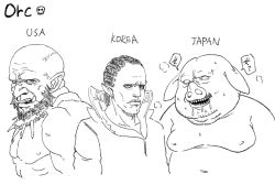 3boys animal_ears bad_id bad_twitter_id bald beard blank_eyes character_name commentary comparison copyright_request drooling earrings english_text facial_hair fangs fat frown futoshi_slim greyscale dreadlocks heavy_breathing high_collar jewelry lineage lineage_2 lips looking_at_viewer male_focus monochrome multiple_boys muscular orc pig_ears pig_snout pointy_ears saliva simple_background veins warcraft white_background rating:Sensitive score:11 user:danbooru
