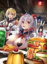  3girls animal_ears bendy_straw black_hair blonde_hair bow bowtie breasts burger cover_image covered_erect_nipples cream_on_breasts drinking_straw drinking_straw_in_mouth dutch_angle eating fake_animal_ears food food_on_face fork gloves green_eyes grey_hair hair_between_eyes hair_ribbon half_gloves heart_pasties highres holding holding_fork holding_knife indoors knife large_breasts long_hair looking_at_viewer mappaninatta meme_attire mini_flag multiple_girls pasties plate pudding rabbit_ears red_bow red_bowtie red_eyes red_ribbon revealing_clothes reverse_bunnysuit reverse_outfit ribbon sailor_collar short_hair sidelocks smile spagetti striped_bow striped_bowtie striped_clothes twintails white_gloves  rating:Questionable score:29 user:iamalice