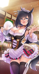  1girl animal_ears apron bar_(place) bare_shoulders black_hair black_sleeves black_thighhighs blouse blue_eyes bob_cut bodice bottle breasts brown_choker choker cleavage closed_mouth collarbone detached_sleeves dirndl dress ear_ornament ear_scrunchie eishin_flash_(umamusume) frilled_apron frilled_sleeves frills german_clothes hair_between_eyes highres holding holding_tray horse_ears horse_girl horse_tail indoors jewelry large_breasts looking_at_viewer maid maid_apron mk_(mod0) open_mouth reflection scrunchie shirt short_hair smile solo standing tail thighhighs tray umamusume white_apron white_scrunchie white_shirt wide_sleeves wine_bottle zettai_ryouiki 