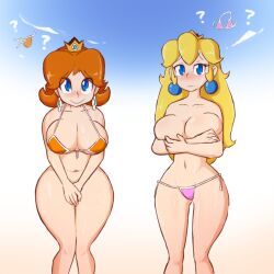  2girls ? bare_arms bare_shoulders beige_background bikini bikini_bottom_only bikini_top_only blonde_hair blue_background blue_eyes blush bottomless breast_hold breasts brown_hair cleavage closed_mouth collarbone commission covering_privates covering_breasts covering_crotch crown curvy earrings embarrassed eyelashes flipped_hair flower_earrings frown fupoo gluteal_fold gradient_background groin jewelry knees_together_feet_apart large_breasts long_hair looking_at_viewer mario_(series) medium_hair multiple_girls navel nintendo orange_bikini parted_bangs pink_bikini princess_daisy princess_peach second-party_source shiny_skin side-tie_bikini_bottom smile solo sphere_earrings standing string_bikini super_mario_bros._1 super_mario_land swimsuit thick_thighs thighs topless wet white_background white_bikini wide_hips  rating:Questionable score:43 user:pc88