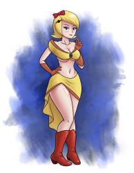 1girl bandai_namco blonde_hair boots breasts brown_eyes cleavage feet female_focus from_side full_body gloves hand_on_own_hip humanization large_breasts looking_at_another ms_pac-man namco orange_gloves pac-man pac-man_(series) ribbon saf-404 saf_404 short_hair skirt solo_focus standing thighhighs yellow_skirt