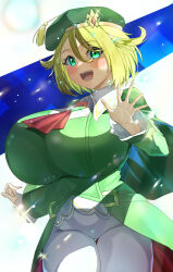  1girl :d ascot beret bianca_(champion)_(pokemon) bianca_(pokemon) blonde_hair blush breasts cape coat coattails commentary_request cowboy_shot creatures_(company) game_freak green_cape green_coat green_eyes green_hat hair_between_eyes hair_flaps hand_up hat hat_tassel highres hizakake huge_breasts long_sleeves looking_at_viewer nintendo no_eyewear official_alternate_costume open_hand open_mouth pants pokemon pokemon_masters_ex red_ascot short_hair sidelocks smile solo standing teeth thigh_gap tight_clothes tight_pants upper_teeth_only white_pants 