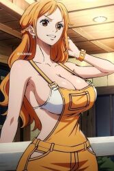  bra breasts brown_eyes earrings jewelry large_breasts nami_(one_piece) one_piece orange_hair overalls underwear  rating:Questionable score:40 user:personon