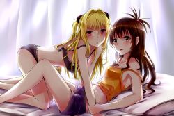 10s 2girls :&lt; :o all_fours arm_support bare_arms bare_legs bare_shoulders bed bed_sheet black_bra black_panties blonde_hair blue_shorts bra breasts cleavage collarbone curtains hair_bobbles hair_ornament highres holding_another&#039;s_wrist indoors konjiki_no_yami long_hair looking_at_viewer multiple_girls navel on_bed open_bra open_mouth panties pillow pink_eyes ponytail rizuki_suwoto shorts sidelocks sleeveless small_breasts stomach strap_slip tank_top to_love-ru to_love-ru_darkness triangle_mouth underwear underwear_only wavy_hair yellow_eyes yuri yuuki_mikan rating:Questionable score:28 user:danbooru