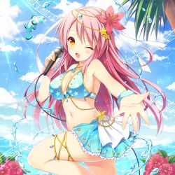  1girl blush breasts detached_collar flower gloves hair_flower hair_ornament highres kidatsu!_dungeons_lord long_hair microphone midriff navel official_art one_eye_closed pink_hair riko_(kujira215) smile solo thighhighs water yellow_eyes 