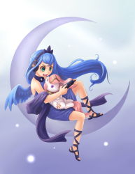 1girl bare_shoulders blue_hair celestia_(my_little_pony) character_doll crescent dress green_eyes headphones highres long_hair luna_(my_little_pony) my_little_pony my_little_pony:_friendship_is_magic ninjaham objectification open_mouth personification shoes smile solo tiara wings rating:Sensitive score:22 user:danbooru