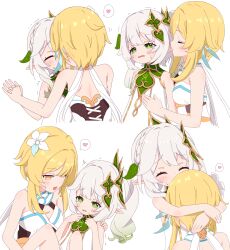  2girls absurdres age_difference azbchan1221 blonde_hair blush breasts closed_eyes dress ear_licking flat_chest flower genshin_impact gradient_hair green_dress green_eyes green_hair hair_flower hair_ornament heart highres holding_hands implied_fingering interlocked_fingers kiss leaf_hair_ornament licking long_hair lumine_(genshin_impact) multicolored_hair multiple_girls multiple_views nahida_(genshin_impact) onee-loli open_mouth out-of-frame_censoring pointy_ears sidelocks simple_background sleeveless sleeveless_dress small_breasts speech_bubble spoken_heart sweat two-tone_dress wavy_mouth white_background white_dress white_flower white_hair yuri  rating:Sensitive score:140 user:danbooru