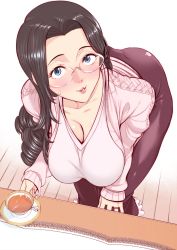 1girl ass black_hair blue_eyes blush breasts cleavage cup drill_hair female_focus floor from_above glasses hand_on_own_knee hand_on_own_thigh highres jewelry large_breasts leaning_forward long_hair long_skirt looking_at_viewer minamida_usuke original parted_lips ring skirt solo sweatdrop table takashi-kun_no_mama_to_kakurenbo_ecchi tea teacup twin_drills wedding_band wedding_ring wooden_floor rating:Sensitive score:148 user:Ynyswydryn