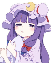  1girl absurdres bags_under_eyes blue_bow blunt_bangs blush bow capelet closed_mouth commentary_request crescent crescent_hat_ornament frown hair_bow hat hat_ornament hat_ribbon highres holding holding_pillow kame_(kamepan44231) long_hair looking_at_viewer mob_cap patchouli_knowledge pillow purple_eyes purple_hair red_bow red_ribbon ribbon simple_background tearing_up touhou upper_body white_background wide_sleeves 