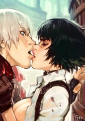 1boy 1girl biting biting_another&#039;s_lip black_hair blouse blue_eyes blurry blurry_background breasts brown_eyes brown_gloves capcom dante_(devil_may_cry) devil_may_cry devil_may_cry_(series) devil_may_cry_3 facial_hair fingerless_gloves from_side gloves hetero jacket kiss lady_(devil_may_cry) large_breasts looking_at_another looking_at_viewer no_bra open_clothes open_shirt optionaltypo red_jacket scar see-through shirt short_hair strap stubble upper_body wet wet_clothes wet_shirt rating:Questionable score:90 user:danbooru