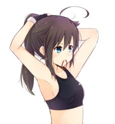 10s 1girl adjusting_hair ahoge armpits arms_behind_head arms_up bad_id bad_pixiv_id blue_eyes braid fingerless_gloves gloves hair_flaps kantai_collection mouth_hold rubber_band shigure_(kancolle) shigure_kai_ni_(kancolle) solo sports_bra tying_hair yukichi_(eikichi) rating:Questionable score:13 user:danbooru