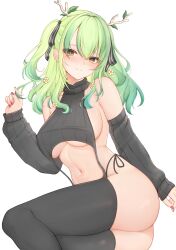  1girl absurdres antlers ass breasts ceres_fauna green_hair highres hololive hololive_english honon horns large_breasts meme_attire mole mole_under_eye navel sideboob solo tagme underboob virgin_destroyer_sweater virtual_youtuber yellow_eyes  rating:Questionable score:56 user:mochimochi505