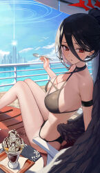  1girl absurdres ass bikini black_bikini black_choker black_hair black_wings blue_archive blue_sky breasts building chocolate chocolate_on_face chocolate_syrup choker cloud day dessert food food_on_face hallo_(rltkdydrltk) halo hasumi_(blue_archive) high_ponytail highres holding holding_spoon large_breasts large_wings looking_at_viewer mole mole_under_eye ocean outdoors parfait railing red_eyes red_halo sitting sky solo spoon swimsuit trinity_general_school_logo wings 