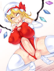 1girl ahegao autopaizuri blonde_hair breasts censored covered_erect_nipples cum ejaculation elbow_gloves erection eyebrows flandre_scarlet futanari futanari_masturbation gloves gradient_background hair_between_eyes handsfree_ejaculation hat hisui_(stapspats) huge_breasts huge_penis leotard masturbation mob_cap mosaic_censoring one-piece_swimsuit open_mouth paizuri penis red_eyes solo swimsuit testicles thighhighs touhou white_thighhighs wings rating:Explicit score:92 user:mrdie01