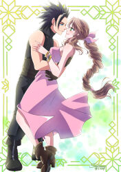  1boy 1girl aerith_gainsborough bangle bare_shoulders black_gloves blue_eyes boots bracelet braid braided_ponytail breasts brown_footwear brown_hair closed_mouth couple crisis_core_final_fantasy_vii dress drill_hair drill_sidelocks eye_contact final_fantasy final_fantasy_vii final_fantasy_vii_rebirth final_fantasy_vii_remake from_side full_body gloves green_eyes highres hug jewelry leaning_forward long_dress long_hair looking_at_another medium_breasts parted_bangs pink_dress profile shikiwo short_hair sidelocks sleeveless sleeveless_turtleneck smile spiked_hair standing sweater turtleneck turtleneck_sweater zack_fair 