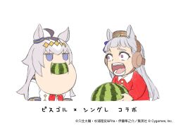  2girls absurdres ahoge animal_ears artist_name blue_eyes bow collaboration copyright_name ear_bow food_in_mouth gold_ship_(umamusume) grey_hair highres holding_watermelon horse_ears horse_girl in-franchise_crossover jitome kuzumi_taiyou long_hair multicolored_hair multiple_girls official_art oguri_cap_(umamusume) open_mouth pillbox_hat purple_eyes shibata_naoki simple_background smock umamusume umamusume:_cinderella_gray umamusume:_peace_peace_cepea_cepea_golshi-chan upper_body white_background 