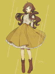  1girl boots brown_hair collared_shirt full_body green_eyes high_heel_boots high_heels highres long_hair long_sleeves low_twintails maco22 original shirt skirt smile solo twintails very_long_hair yellow_background 