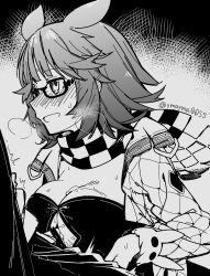  1boy 1girl animal_ears arknights breasts breasts_squeezed_together checkered_clothes checkered_scarf cleavage_cutout clothing_cutout cum cum_on_body cum_on_breasts cum_on_upper_body deepcolor_(arknights) ejaculation faceless faceless_male glasses greyscale heavy_breathing hetero highres jacket monochrome open_clothes open_jacket orgasm paizuri pov scarf semi-rimless_eyewear short_hair simple_background smile sweat under-rim_eyewear yom_(ymayma00ss)  rating:Explicit score:25 user:BlueSmoke