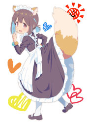  1girl :d absurdres animal_ear_fluff animal_ears apron black_dress black_footwear black_hair blue_hair bow_apron brown_eyes commentary_request dot_nose dress finger_to_mouth fox_ears fox_girl fox_tail frilled_apron frilled_dress frills from_behind full_body hair_between_eyes hairband hand_up heart heart_background highres hozuki_momiji inconvenient_tail kemonomimi_mode light_blush long_dress long_sleeves looking_at_viewer looking_back low_ponytail maid maid_apron maid_headdress mary_janes multicolored_hair official_alternate_costume onii-chan_wa_oshimai! open_mouth pantyhose pom_pom_(clothes) shiina_excel shoes short_hair short_ponytail sidelocks simple_background smile solo streaked_hair tail two-tone_hair white_apron white_background white_hairband white_pantyhose 