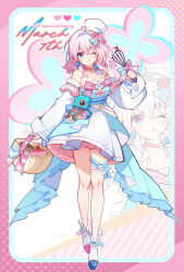 1girl ;q alternate_costume bare_shoulders basket bell blue_dress blue_eyes blue_footwear bow breasts cake camera character_name choker cleavage closed_mouth commentary_request detached_sleeves dress food full_body gou_lianlian_dogface hair_bow hand_up hat heart highres holding holding_basket holding_whisk honkai:_star_rail honkai_(series) leg_ribbon looking_at_viewer march_7th_(honkai:_star_rail) medium_breasts medium_hair neck_bell one_eye_closed pink_eyes pink_footwear pom-pom_(honkai:_star_rail) puffy_sleeves ribbon ribbon_choker shoes skirt sleeveless sleeveless_dress smile socks solo thigh_gap thigh_ribbon tongue tongue_out two-tone_eyes whisk white_hat white_skirt white_sleeves white_socks zoom_layer