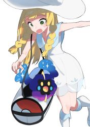  1girl :o aoi_(altea0923) bag bare_arms bare_shoulders blonde_hair boots braid cosmog creatures_(company) dress feet_out_of_frame game_freak gen_7_pokemon green_eyes hand_out_of_frame hat highres knees_together_feet_apart legendary_pokemon lillie_(pokemon) long_hair nintendo open_mouth poke_ball_symbol pokemon pokemon_sm simple_background sleeveless sleeveless_dress star_(symbol) sun_hat sundress sweatdrop tareme twin_braids white_background white_dress white_footwear 