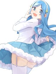  +_+ 1girl :3 blue_hair from_behind fur-trimmed_skirt fur-trimmed_sleeves fur_trim garter_straps hairband hand_on_own_cheek hand_on_own_face highres himouto!_umaru-chan long_hair long_sleeves looking_back looking_to_the_side omochimochii_(nagata) open_mouth skirt skirt_hold smile solo tachibana_sylphynford thighhighs very_long_hair 