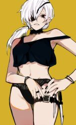 1girl armlet black_nails breasts chainsaw_man crop_top earrings eyepatch highres jewelry knife long_hair looking_at_viewer medium_breasts navel panties ponytail quanxi_(chainsaw_man) ring sailen0 simple_background single_earring solo underwear white_hair 