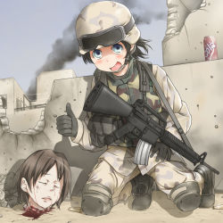  1girl :d assault_rifle battlefield black_footwear black_gloves black_hair blood blue_eyes blush boots brown_hair building bullet bullet_hole bulletproof_vest camouflage camouflage_pants can cola commentary corpse day death desert_camouflage drink_can erikku_(kata235) gloves grin gun guro helmet knee_pads kneeling long_sleeves looking_at_viewer m16 m16a2 military military_uniform open_mouth original outdoors pants rifle sand severed_head shadow shell_casing short_hair smile smoke soda_can solo sunlight thumbs_up uniform united_states war weapon  rating:Sensitive score:46 user:danbooru