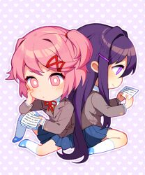  2girls back-to-back blazer blue_footwear blue_skirt bright_pupils brown_vest buttons chibi closed_mouth collared_jacket collared_shirt commentary doki_doki_literature_club elbow_on_knee english_commentary eyelashes full_body grey_jacket hair_ornament hair_ribbon hairclip hand_on_own_cheek hand_on_own_face heart heart_background holding holding_paper jacket kneehighs lapels layered_sleeves light_blush light_frown light_smile long_hair long_sleeves mary_janes miniskirt multiple_girls natsuki_(doki_doki_literature_club) neck_ribbon notched_lapels one_side_up outline paper paper_stack pink_eyes pink_hair pleated_skirt pocket purple_background purple_eyes purple_hair reading red_ribbon ribbon satchely school_uniform shirt shoes short_hair simple_background sitting skirt socks thinking tress_ribbon very_long_hair vest wariza white_outline white_pupils white_shirt white_socks yuri_(doki_doki_literature_club) 