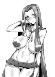1girl absurdres adjusting_hair armpits breasts collarbone contrapposto cowboy_shot fate/stay_night fate_(series) gggg glasses greyscale groin hand_on_own_face heart heart_maebari heart_pasties heart_stickers highres large_breasts long_hair looking_at_viewer maebari medusa_(fate) medusa_(rider)_(fate) miniskirt monochrome navel no_panties pasties pleated_skirt sailor_collar skirt solo square_pupils very_long_hair white_background rating:Questionable score:44 user:danbooru