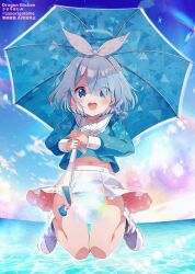 1girl :d arona_(blue_archive) blue_archive blue_hair cloud commentary_request eyes_visible_through_hair hair_over_one_eye hairband holding holding_umbrella long_sleeves looking_at_viewer midriff navel ocean open_mouth panties sasorigatame school_uniform serafuku shoes short_hair skirt sky smile solo striped_clothes striped_panties thighs umbrella underwear white_footwear white_hairband white_skirt