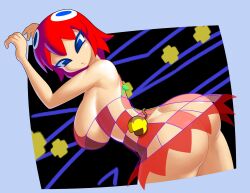  1girl absurdres arms_up ass bad_link blinky_(pac-man) blue_eyes breasts butt_crack commentary dress highres large_breasts looking_at_another medium_hair minuspal no_bra no_panties open_mouth pac-man pac-man_(game) red_dress red_hair standing 
