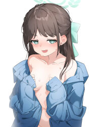  1girl @_@ absurdres airi_(blue_archive) aqua_bow aqua_eyes aqua_halo blue_archive blue_jacket blush bow breasts brown_hair collarbone commentary hair_bow halo highres jacket long_hair long_sleeves mint_ch navel open_clothes open_jacket open_mouth simple_background sleeves_past_wrists small_breasts solo sweat white_background 