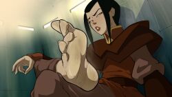  1girl absurdres avatar:_the_last_airbender avatar_legends azula barefoot black_hair crossed_legs feet highres kiryu_(pixiv44966832) long_hair looking_at_viewer parted_lips soles steam sweat toes yellow_eyes  rating:Sensitive score:8 user:ssfl