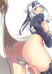 1boy 1girl ainu ainu_clothes ass bandana barefoot black_thighhighs blue_eyes blush breasts clothes_lift cropped_jacket crotch dress dress_lift folded_ponytail from_behind fundoshi hair_between_eyes hands_up headband highres japanese_clothes kamoi_(kancolle) kantai_collection large_breasts leg_up lifting_another&#039;s_clothes long_hair long_sleeves looking_at_viewer looking_back nekotama_(tsuki) open_mouth short_eyebrows sideboob sidelocks simple_background sleeveless sleeveless_dress thick_eyebrows thighhighs thighs white_background white_dress white_hair wrist_guards rating:Questionable score:20 user:danbooru